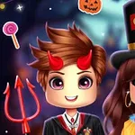 Dwójka postaci w strojach halloweenowych, z chłopcem z rogami i widłami oraz dziewczynką w cylindrze z napisem Circus, w tle słodycze i dynia