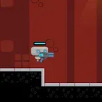 Postać z pistoletem laserowym naprzeciwko małego robota na czerwonym tle z geometrycznymi wzorami