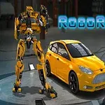 Żółty robot stoi obok żółtego samochodu na tle industrialnym z napisem RoboRacing