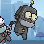 Dwa kreskówkowe roboty z antenkami, trzymające się za ręce, na tle miejskiego pejzażu