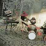 Zespół robotów grających na instrumentach muzycznych na brukowanej ulicy