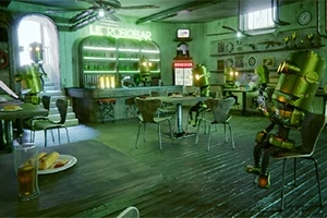 Wnętrze futurystycznej kawiarni z robotami siedzącymi przy stolikach