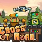 Trzy animowane roboty stoją na drodze z lasem w tle, z napisem Cross Robot Road na dole