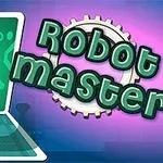 Zielony robot wychodzi z ekranu na tle kolorowego napisu Robot master z zębatką