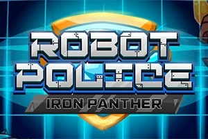 Napis „ROBOT POLICE IRON PANTHER” na tle tarczy z niebieską, futurystyczną grafiką