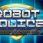 Napis „ROBOT POLICE IRON PANTHER” na tle tarczy z niebieską, futurystyczną grafiką