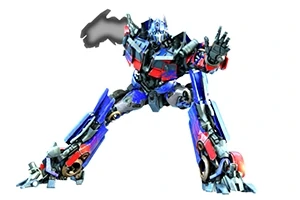 Robot w dynamicznej pozie, z przewagą niebieskich i czerwonych elementów na białym tle