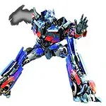 Robot w dynamicznej pozie, z przewagą niebieskich i czerwonych elementów na białym tle