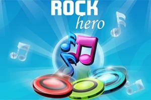Kolorowe nuty i przyciski na niebieskim tle z napisem Rock Hero