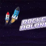 Dwa kolorowe statki kosmiczne w kosmosie obok napisu Rocket Balance oraz kolorowe planety w tle