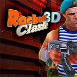 Postać żołnierza w niebieskim berecie i pasiastym podkoszulku trzymająca karabin na tle industrialnego wnętrza z napisem „Rocket Clash 3D”