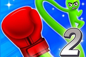 Czerwona rękawica bokserska, zielona postać z wyciągniętymi ramionami i numer 2 na niebieskim tle