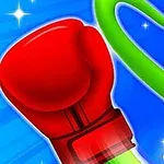 Czerwona rękawica bokserska, zielona postać z wyciągniętymi ramionami i numer 2 na niebieskim tle