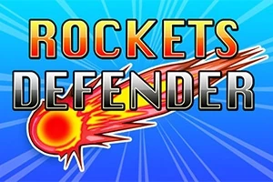 Napis Rockets Defender na tle niebieskiego promienistego wzoru oraz grafika płonącego meteoru