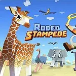 Pixeloza postać na byku z lassem, otoczona przez różne zwierzęta, takie jak żyrafa, słoń i zebra, w stylu klocków