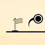 Czarno-biały symbol z okręgiem i zakrzywioną linią obok flagi na jasnożółtym tle