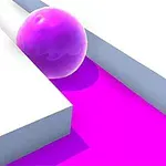 Kulista, fioletowa piłka tocząca się po różowej ścieżce między białymi platformami