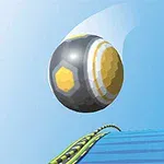 Czarna piłka z żółtymi elementami unosi się nad niebieską, paskowaną rampą na tle nieba