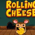 Mysz z dużymi uszami trzymająca ser na tle ściany z napisem Rolling Cheese