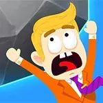 Animowana postać z blond włosami i pomarańczowym garniturem, wyrażająca strach przed spadającym szarym obiektem na niebieskim tle