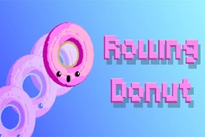 Różowy pączek z oczami na niebieskim tle obok napisu Rolling Donut w pikselowej czcionce