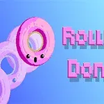 Różowy pączek z oczami na niebieskim tle obok napisu Rolling Donut w pikselowej czcionce