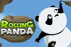 Panda wspinająca się po skalnych ścianach na niebieskim tle z napisem Rolling Panda u boku