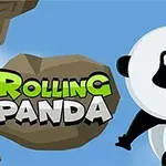 Panda wspinająca się po skalnych ścianach na niebieskim tle z napisem Rolling Panda u boku