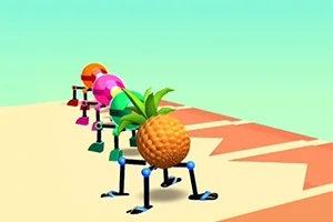 Kilka kolorowych, owocowych stworzeń z nogami, z przodu ananas, znajdujących się na jasnej powierzchni z trójkątnymi wzorami na niej