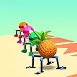 Kilka kolorowych, owocowych stworzeń z nogami, z przodu ananas, znajdujących się na jasnej powierzchni z trójkątnymi wzorami na niej