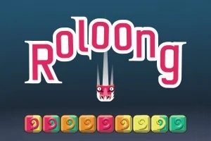 Napis Roloong z kreskówkową głową smoka pomiędzy literami L i O, oraz kolorowe, kwadratowe ikony z symbolami na dole