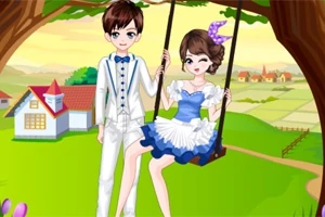 Para ubrana elegancko w stroje w stylu retro siedzi na huśtawce pod drzewem na tle wiejskiego krajobrazu