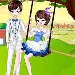 Para ubrana elegancko w stroje w stylu retro siedzi na huśtawce pod drzewem na tle wiejskiego krajobrazu