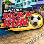 Postać ubrana w sportowy strój biegnąca z piłką na tle kolorowej miejskiej scenerii z napisem Kick N Run