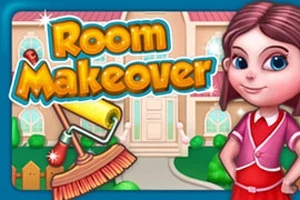 Dziewczynka w czerwonym stroju stoi przed dużym domem, obok niej widnieje napis Room Makeover i grafika z wałkiem malarskim oraz szczotką