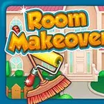 Dziewczynka w czerwonym stroju stoi przed dużym domem, obok niej widnieje napis Room Makeover i grafika z wałkiem malarskim oraz szczotką