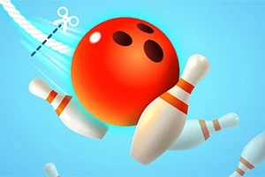 Jasnoniebieskie tło z czerwoną kulą do kręgli uderzającą w lecące kręgle, z przerywaną linią cięcia i nożyczkami