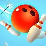 Jasnoniebieskie tło z czerwoną kulą do kręgli uderzającą w lecące kręgle, z przerywaną linią cięcia i nożyczkami