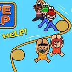 Animowane postacie z uśmiechem wspinające się po linie na niebieskim tle, z napisem ROPE HELP i HELP!