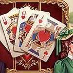 Dwie postacie w eleganckich strojach z epoki wiktoriańskiej, otaczające czwórkę kart z sercami w centrum