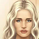 Kobieta o długich, falujących blond włosach i niebieskich oczach z delikatnym makijażem na neutralnym tle