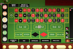 Stół do ruletki z rozmieszczonymi polami do zakładów, liczby i kolory w układzie klasycznym, z dodatkowymi opcjami zakładów poniżej