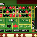 Stół do ruletki z rozmieszczonymi polami do zakładów, liczby i kolory w układzie klasycznym, z dodatkowymi opcjami zakładów poniżej