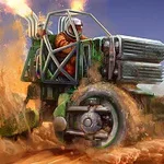 Pojazd terenowy z masywnymi kołami i kierowcą ubranym w kask, jadący po piaszczystym terenie z płomieniami wydobywającymi się z rur wydechowych