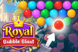 Kolorowe bańki na tle zamkowego krajobrazu z logo Royal Bubble Blast