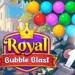 Kolorowe bańki na tle zamkowego krajobrazu z logo Royal Bubble Blast