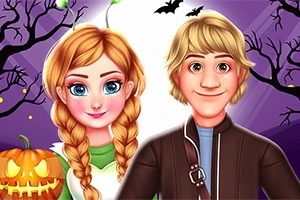 Dwie postacie, dziewczyna z warkoczami i chłopak, na tle z halloweenowymi elementami, takimi jak dynia i nietoperze