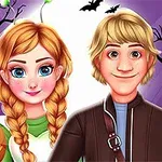 Dwie postacie, dziewczyna z warkoczami i chłopak, na tle z halloweenowymi elementami, takimi jak dynia i nietoperze