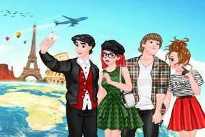 Czworo kreskówkowych postaci robi sobie selfie na tle znanych zabytków, takich jak Wieża Eiffla i Koloseum, przy słonecznym niebie z samolotem i balonami na ogrzane powietrze