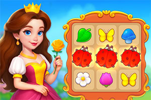 Kobieta w koronie trzymająca żółtą różę obok planszy z symbolami przedstawiającymi liść, motyla, biedronki, grzyb, kwiaty i pączek